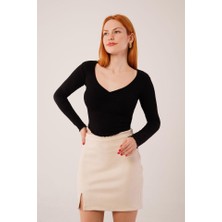 Modavera Geniş Yaka Siyah Basic Body Bluz