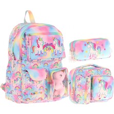 Kaukko Kids Kız Çocuk Ilkokul Okul Çantası Seti - Peluş Unicornlu - Pembe (L5243+L7243+L8243)
