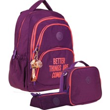 Kaukko Mor Kız Çocuk Üçlü Okul Çanta Seti - Krinkıl Kumaş - K1678+K9002+K2643