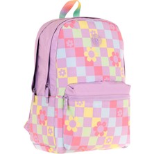 Kaukko Nature Kız Çocuk Üç Bölmeli Mor Pembe Papatya ve Kare Desenli Okul Sırt Çantası - K1786