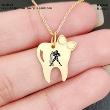 Archin Kova  Burçlarına Özel 14  Ayar Altın Plakalı Zincirli Diş ve Fiyonk Motifli Hediyelik Kolye-450 Burç