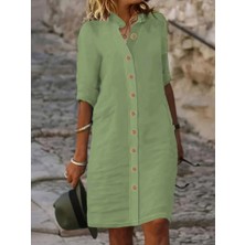 Modavera Kadın Kısa Kollu Hakim Yaka Önden Düğmeli Kısa Müslim Elbise