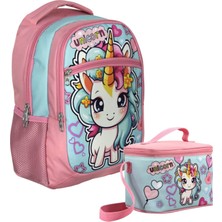 Cennec Bebek Unicorn Desenli Kız Çocuk Pembe Turkuaz Ikili Çanta ve Beslenme Seti - SETUMT5048B