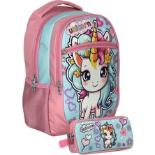 Cennec UMT5048+UMT5050 Sırt Çantası ve Kalemlik Seti (Pembe Turkuaz - Bebek Unicorn - Kız Çocuk)