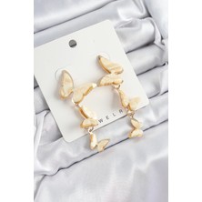 Pirinç Sedef Sallantılı Mermer Desenli Kelebek Model Gold Renk Vintage Kadın Küpe
