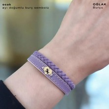 Archin Oğlak Burçlarına Özel Kalp Motifli 14 Ayar Altın Plakalı Doğal Mor Derili Hediye Bileklik-453BURÇ