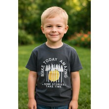 Erkek Çocuk %100 Pamuklu Baskılı Kısa Kollu Tişört - Koyu Gri (3-4 Yaş 8-9 Yaş)