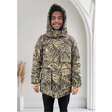 Avcılık Saz Desen Baskılı Rüzgar Su Geçirmez Çıkma Kapüşonlu Çok Cepli -45°c Soğuk Iklim Kaban Mont