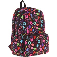 Kaukko Kız Çocuk Kalp ve Kaukko Baskılı Siyah Okul Çantası - Üç Bölmeli - K1781