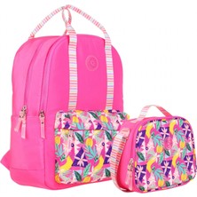 Kaukko Kız Çocuklara Özel Pembe Renkli Yaprak Desenli Okul Çantası ve Beslenme Çantası Seti