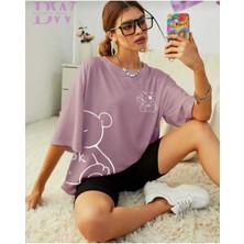 Oversize T-Shirt Ayı Baskılı Lila Renk