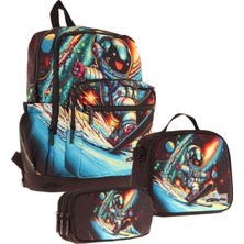 Kaukko Kids Dört Bölmeli Okul Çantası + Beslenme +Kalemlik Seti (Kayak Yapan Astonot - Erkek Çocuk - Siyah)