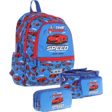 Kaukko Kids Üçlü Erkek Çocuk Ilkokul Okul Çantası Seti (L5268+L7268+L8268) Mavi Kırmızı - Yarış Arabası Desenli