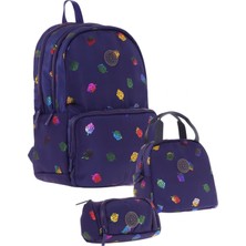 Kaukko Shine Lacivert Yaprak Desenli Kız Çocuk Üçlü Okul Çanta Seti