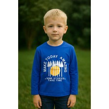 Erkek Çocuk %100 Pamuk Baskılı Uzun Kollu Tişört - Saks  (3-4 Yaş 8-9 Yaş)