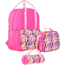 Kaukko Double Stripe Kız Çocuk Ilkokul Üçlü Okul Çantası Seti - Pembe - Yaprak Desenli