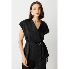 Ekol Kruvaze Yaka Ip Kemerli Yelek Siyah 04264