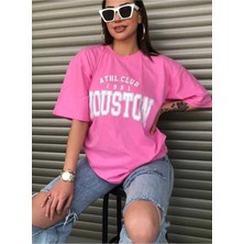 Oversize T-Shirt Houston Baskılı Pembe Renk