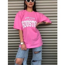 Oversize T-Shirt Houston Baskılı Pembe Renk