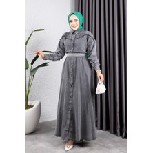 Kadın Düğmeli Kuşaklı Kot Tesettür Elbise