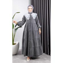 Kadın Düğmeli Dantel Yaka Kot Tesettür Elbise