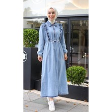 Kadın Fır Fırlı Belden Bağlamalı Denim Kot Elbise