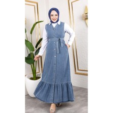 Harman Butik Kadın Denim Elbise Düğmeli Kuşaklı Kloş Silueti ile Trend Mavi Renkli Tasarım