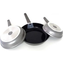 15016 - 3 Parça, Indüksiyonlu Ocak Uyumlu, Döküm, Seramik, ( 20 - 24 - 28 cm ) Tava Seti Siyah