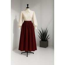 Kadın Beli Lastikli Uzun Poplin Bordo Etek