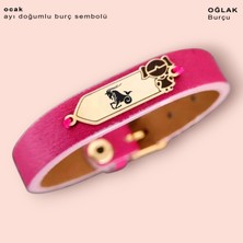 Archin Oğlak Burçlarına Özel Kız Çocuk Motifli 14 Ayar Altın Plakalı Pembe Derili Hediye Bileklik-454BURÇ