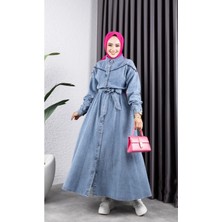 Kadın Düğmeli Kuşaklı Kot Tesettür Elbise