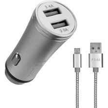 HY-X62 3.4A Hızlı Şarj Micro USB Kablolu 2 USB Metal Araç Şarj Cihazı, Gümüş