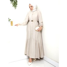 Kadın Beli Kemerli Düğme Detaylı Çilek Kumaş Vizyon Elbise