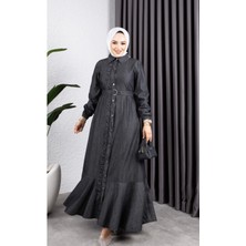 Kadın Fırfır Detaylı Kuşaklı Kot Elbise