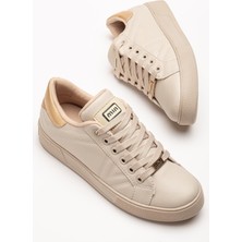 Kadın Casual Spor Ayakkabı Bej Ince Taban Bağcıklı