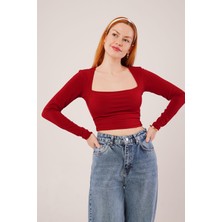 Modavera Kare Yaka Basic Bordo Bluz