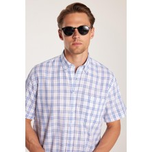 Erkek Regular Fit Klasik Kesim %100 Pamuk Keten Doku Cepli Kareli Kısa Kollu Düğmeli Yaka Gömlek