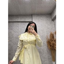 25Y130023 Elbise Bebe Yaka Dantel Işlemeli Yarım Düğme Kapama  - Aynaz - 25Y130023 - Sarı - 38