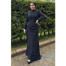 25Y4696 Elbise Abiye Komple Taşlı Kolları Tüy Detay - Tane - 25Y4696 - Lacı - 42