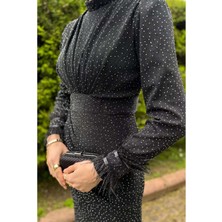 25Y4696 Elbise Abiye Komple Taşlı Kolları Tüy Detay - Tane - 25Y4696 - Lacı - 42