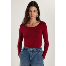 Kadın Slim Fit Dar Kesim Uzun Kollu Viskon Bordo Bluz
