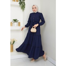 Kadın Dantel Detaylı Bel Bağcıklı Lacivert Ayrobin Elbise