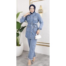 Kadın Taş Detaylı 2li Takım Kot Ceket Pantolon