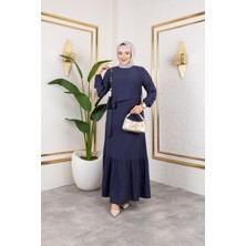 Kadın Bağlama Detaylı Çilek Kumaş Lacivert Elbise