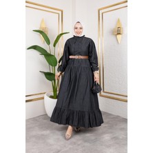 Fırfır Detaylı Kemerli Kot Elbise Siyah