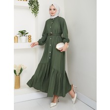 Kadın Beli Kemerli Düğme Detaylı Çilek Kumaş Haki Elbise