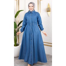 Kadın Belden Lastikli Cep Detaylı Ince Kot Elbise