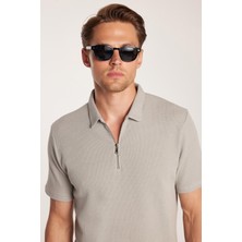 Erkek Slim Fit Dar Kesim %100 Pamuk Fermuarlı Gri Polo Yaka Tişört