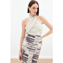 Halter Yaka Keten Crop Bluz - Bej