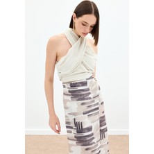 Halter Yaka Keten Crop Bluz - Bej